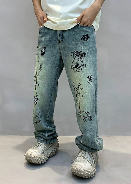 Art Denim Blue High Wais Print Mens Pants SA067 Men-casual-MENP240726