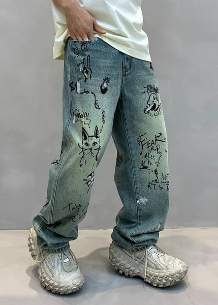 Art Denim Blue High Wais Print Mens Pants SA067 Men-casual-MENP240726