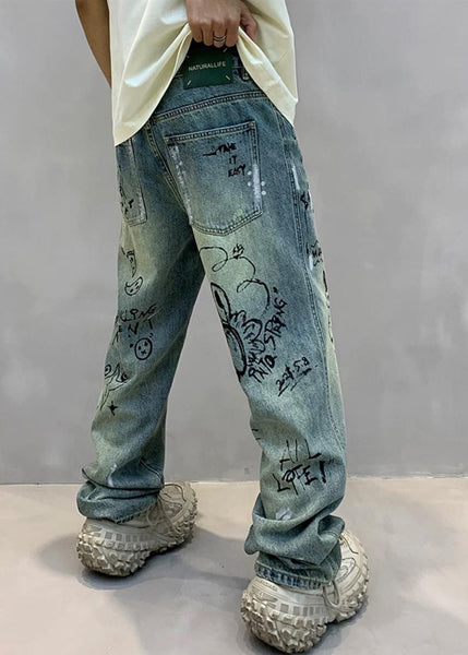 Art Denim Blue High Wais Print Mens Pants SA067 Men-casual-MENP240726