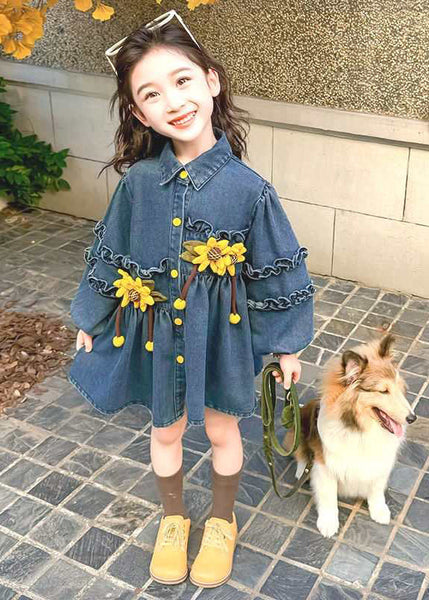 Art Denim Blue Ruffled Patchwork Button Girls Mid Dress Spring TV035