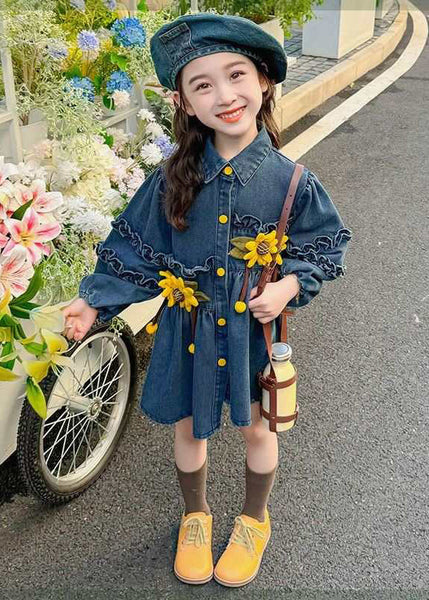 Art Denim Blue Ruffled Patchwork Button Girls Mid Dress Spring TV035