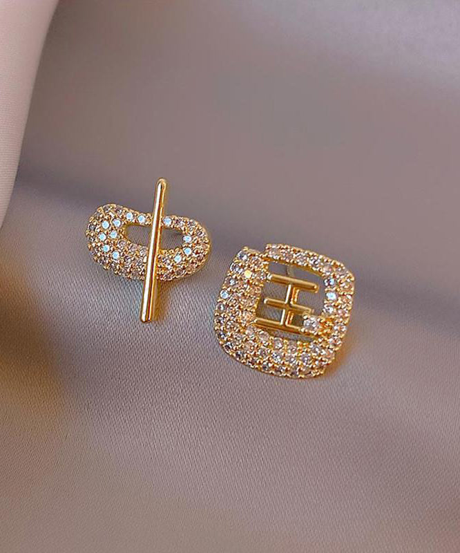 Art Gold 14K Gold Zircon Asymmetric Chinese Characters Stud Earrings TX021