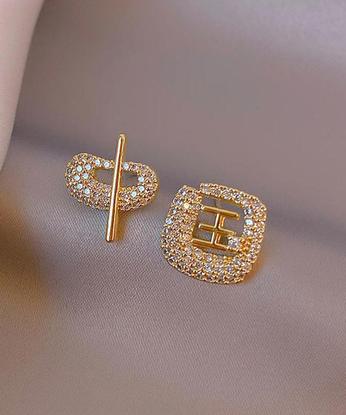 Art Gold 14K Gold Zircon Asymmetric Chinese Characters Stud Earrings TX021