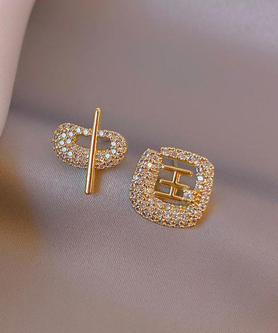 Art Gold 14K Gold Zircon Asymmetric Chinese Characters Stud Earrings TX021