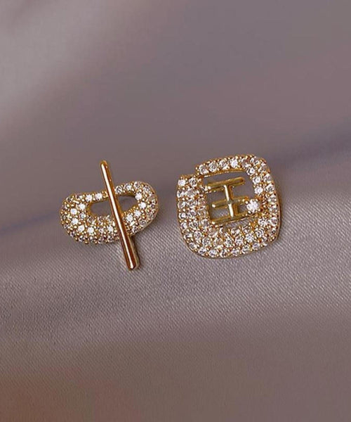 Art Gold 14K Gold Zircon Asymmetric Chinese Characters Stud Earrings TX021
