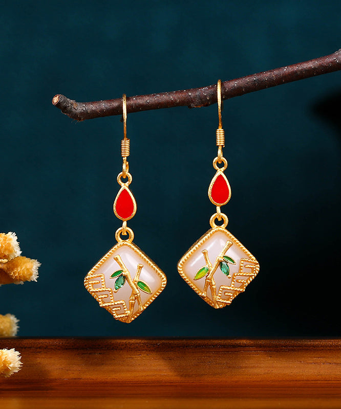 Art Gold Copper Overgild Inlaid Jade Gem Stone Bamboo Leaf Drop Earring KX1090 Ada Fashion