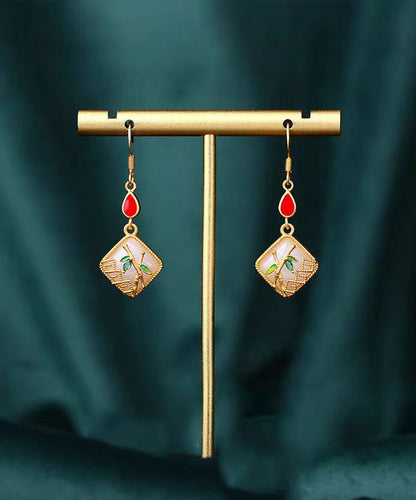 Art Gold Copper Overgild Inlaid Jade Gem Stone Bamboo Leaf Drop Earring KX1090 Ada Fashion