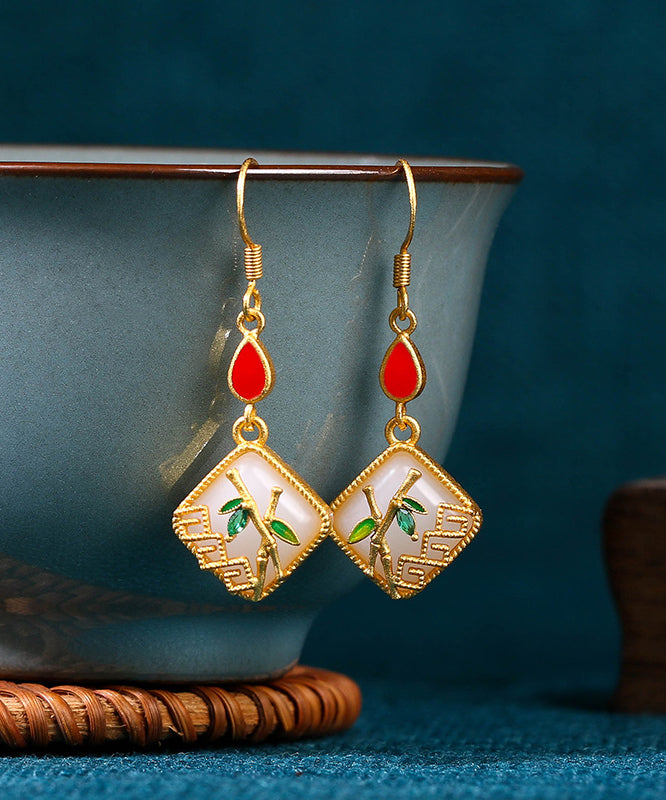 Art Gold Copper Overgild Inlaid Jade Gem Stone Bamboo Leaf Drop Earring KX1090 Ada Fashion