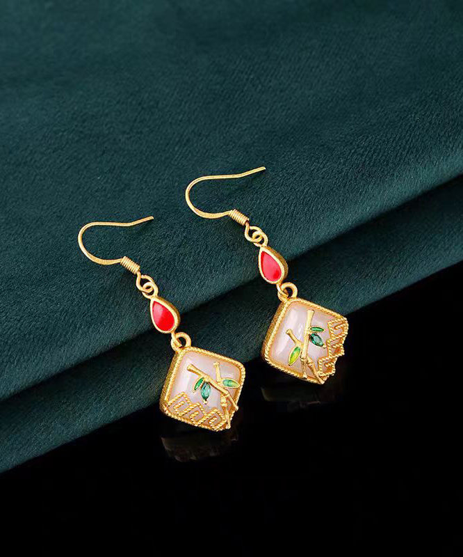 Art Gold Copper Overgild Inlaid Jade Gem Stone Bamboo Leaf Drop Earring KX1090 Ada Fashion