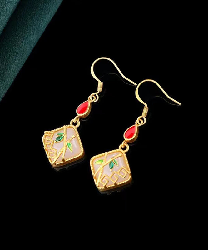 Art Gold Copper Overgild Inlaid Jade Gem Stone Bamboo Leaf Drop Earring KX1090 Ada Fashion