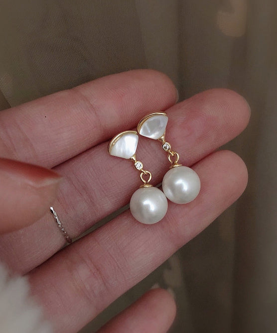 Art Gold Sterling Silver Overgild Fan Shaped Shell Pearl Drop Earrings PO067 JEW-EAR240729