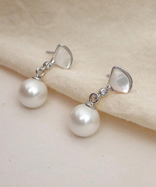Art Gold Sterling Silver Overgild Fan Shaped Shell Pearl Drop Earrings PO067 JEW-EAR240729