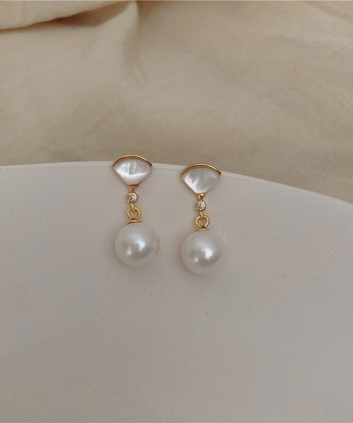 Art Gold Sterling Silver Overgild Fan Shaped Shell Pearl Drop Earrings PO067 JEW-EAR240729