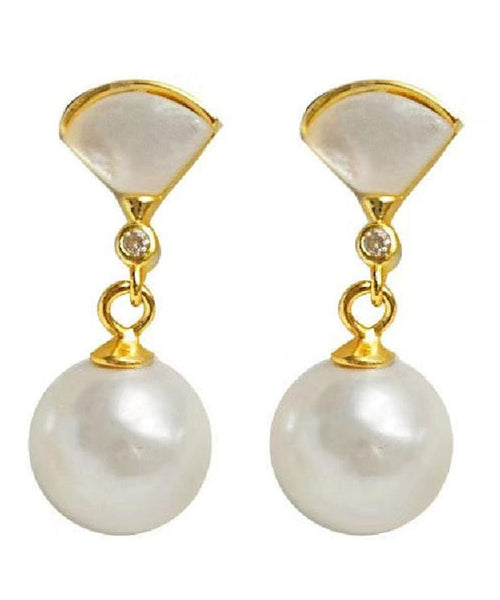Art Gold Sterling Silver Overgild Fan Shaped Shell Pearl Drop Earrings PO067 JEW-EAR240729