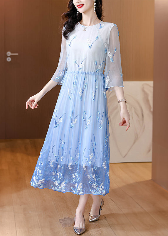 Art Gradient Blue O Neck Embroidered Drawstring Silk Dress Summer BB028 Hawaii-SDL240622