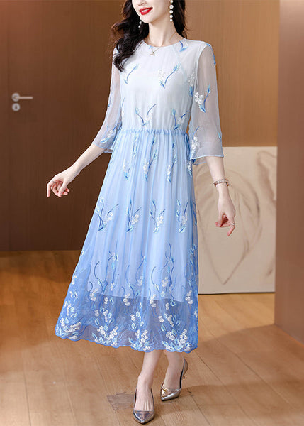 Art Gradient Blue O Neck Embroidered Drawstring Silk Dress Summer BB028 Hawaii-SDL240622
