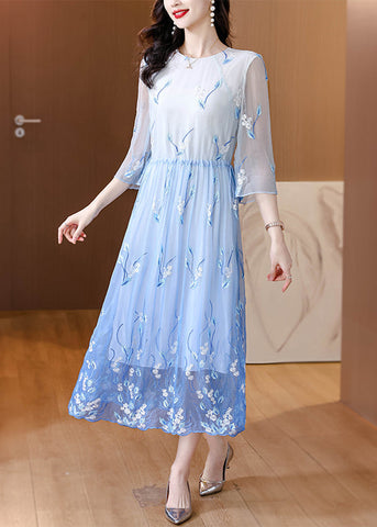 Art Gradient Blue O Neck Embroidered Drawstring Silk Dress Summer BB028 Hawaii-SDL240622