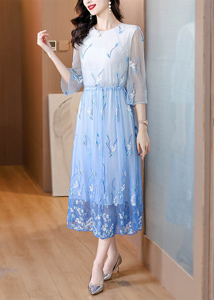 Art Gradient Blue O Neck Embroidered Drawstring Silk Dress Summer BB028 Hawaii-SDL240622