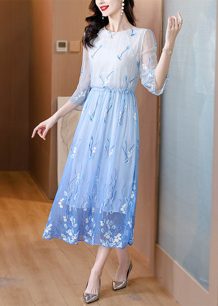 Art Gradient Blue O Neck Embroidered Drawstring Silk Dress Summer BB028 Hawaii-SDL240622