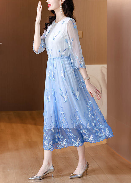 Art Gradient Blue O Neck Embroidered Drawstring Silk Dress Summer BB028 Hawaii-SDL240622