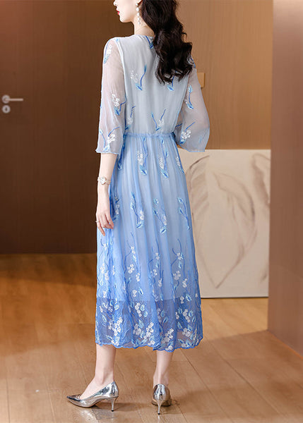 Art Gradient Blue O Neck Embroidered Drawstring Silk Dress Summer BB028 Hawaii-SDL240622