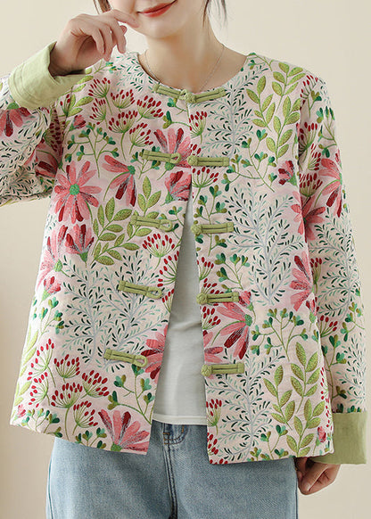 Art Green Embroidered Button Cotton Coats Fall QG034 OM-CTS241016