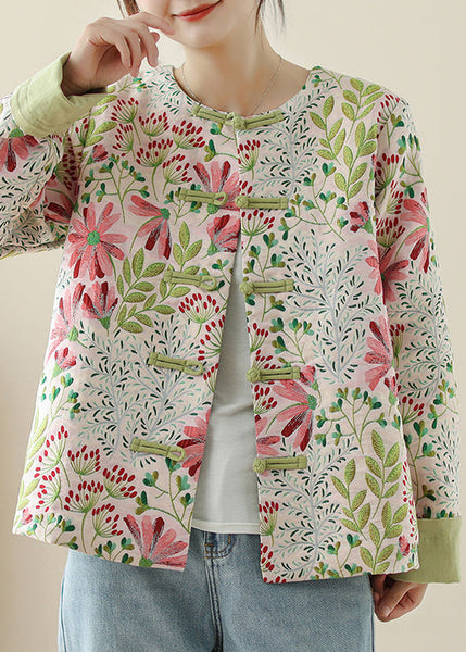 Art Green Embroidered Button Cotton Coats Fall QG034 OM-CTS241016
