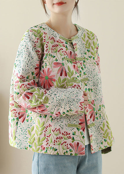 Art Green Embroidered Button Cotton Coats Fall QG034 OM-CTS241016