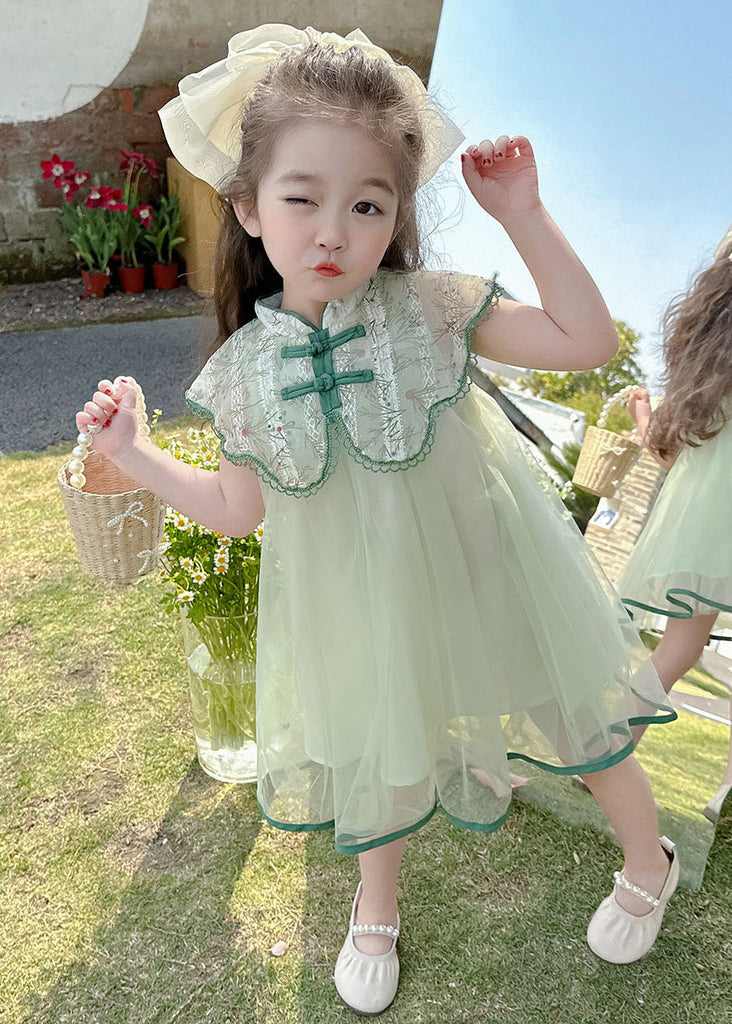 Art Green Embroideried Patchwork Button Tulle Girls Vacation Maxi Dresses Summer MN006 MM-RCTZ-SDL240701