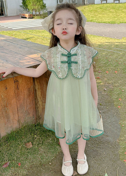 Art Green Embroideried Patchwork Button Tulle Girls Vacation Maxi Dresses Summer MN006 MM-RCTZ-SDL240701