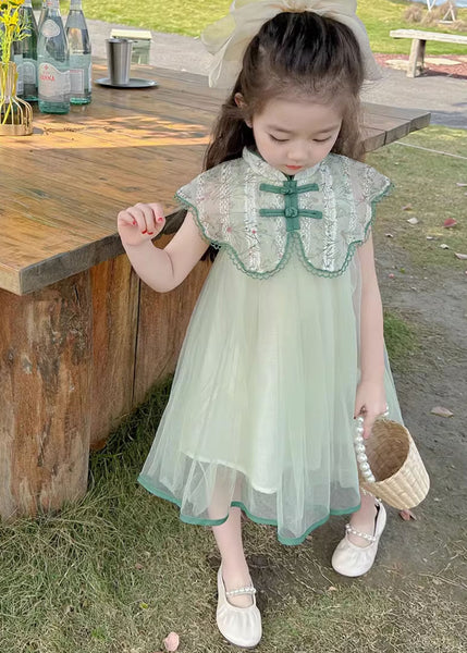 Art Green Embroideried Patchwork Button Tulle Girls Vacation Maxi Dresses Summer MN006 MM-RCTZ-SDL240701