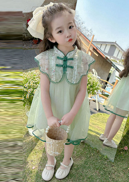 Art Green Embroideried Patchwork Button Tulle Girls Vacation Maxi Dresses Summer MN006 MM-RCTZ-SDL240701