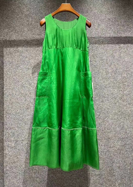 Art Green O Neck Pockets Patchwork Silk Dresses Sleeveless EE1032 SH-LF-SDL240517