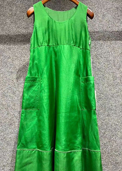 Art Green O Neck Pockets Patchwork Silk Dresses Sleeveless EE1032 SH-LF-SDL240517
