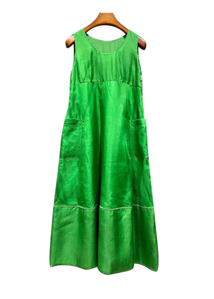 Art Green O Neck Pockets Patchwork Silk Dresses Sleeveless EE1032 SH-LF-SDL240517