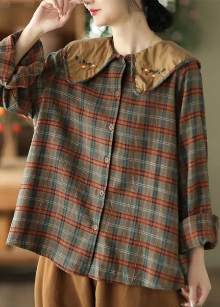 Embroidered Spring Cotton Green Blouses Art Plaid FashionChic