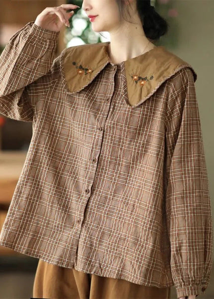 Embroidered Spring Cotton Green Blouses Art Plaid FashionChic