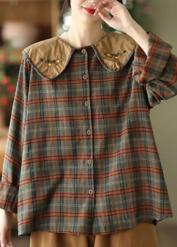 Embroidered Spring Cotton Green Blouses Art Plaid FashionChic