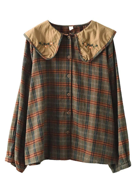 Embroidered Spring Cotton Green Blouses Art Plaid FashionChic