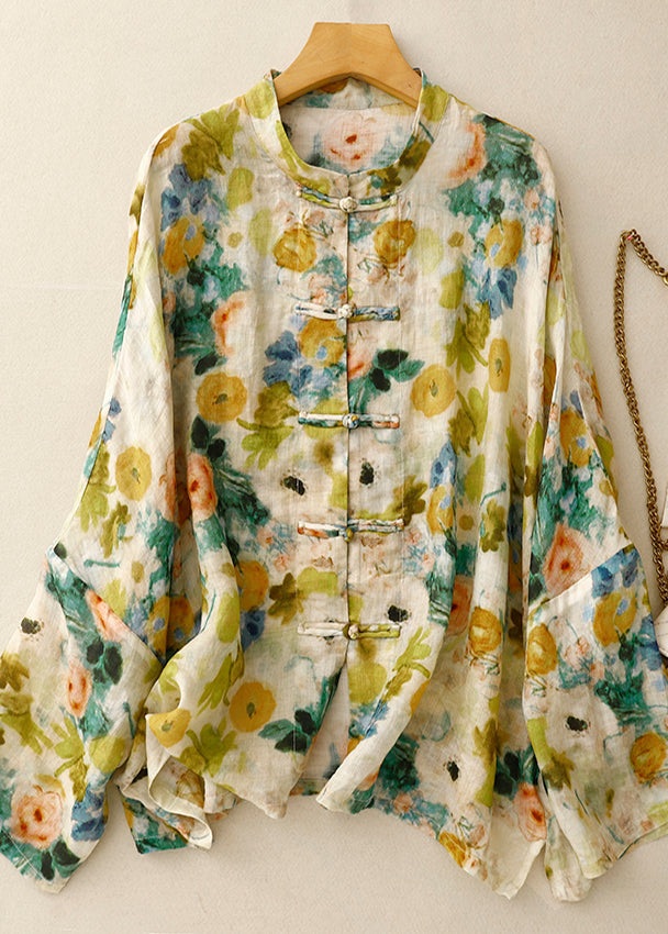 Shirts Art Linen Spring Green Button Chinese Print FashionChic