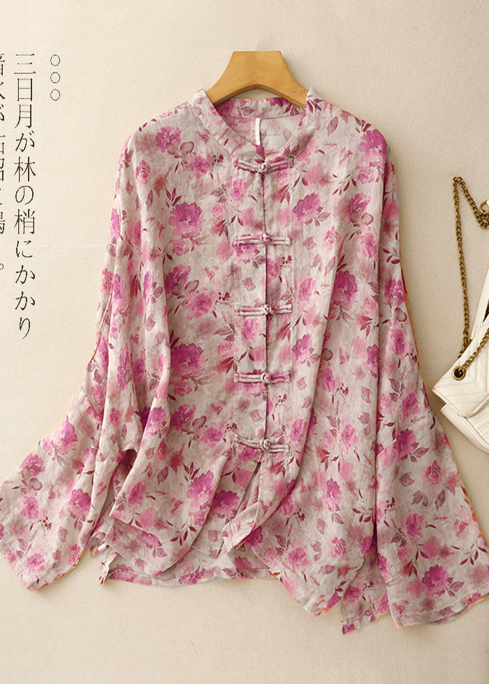 Shirts Art Linen Spring Green Button Chinese Print FashionChic