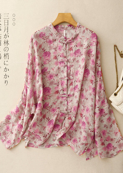 Shirts Art Linen Spring Green Button Chinese Print FashionChic