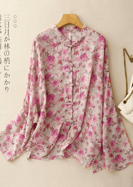 Shirts Art Linen Spring Green Button Chinese Print FashionChic