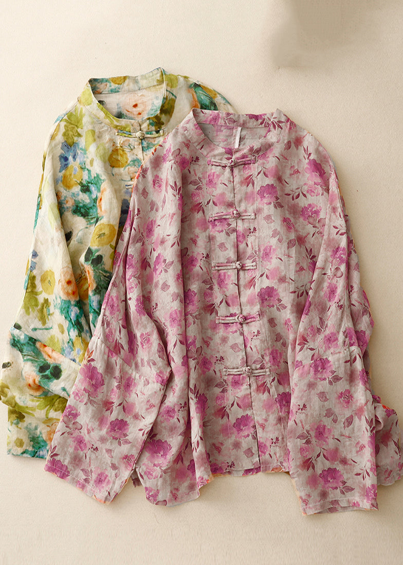 Shirts Art Linen Spring Green Button Chinese Print FashionChic