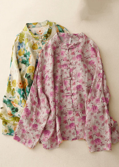 Shirts Art Linen Spring Green Button Chinese Print FashionChic