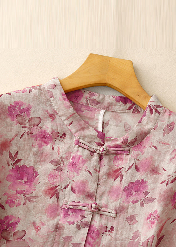 Shirts Art Linen Spring Green Button Chinese Print FashionChic