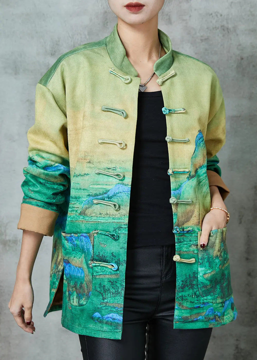 Art Green Print Chinese Button Silk Jacket Spring Ada Fashion