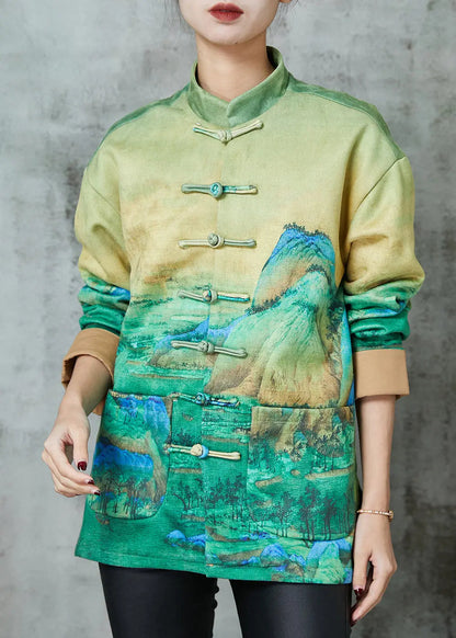 Art Green Print Chinese Button Silk Jacket Spring Ada Fashion