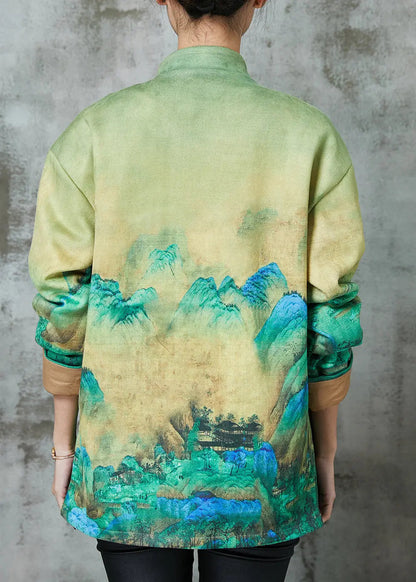 Art Green Print Chinese Button Silk Jacket Spring Ada Fashion