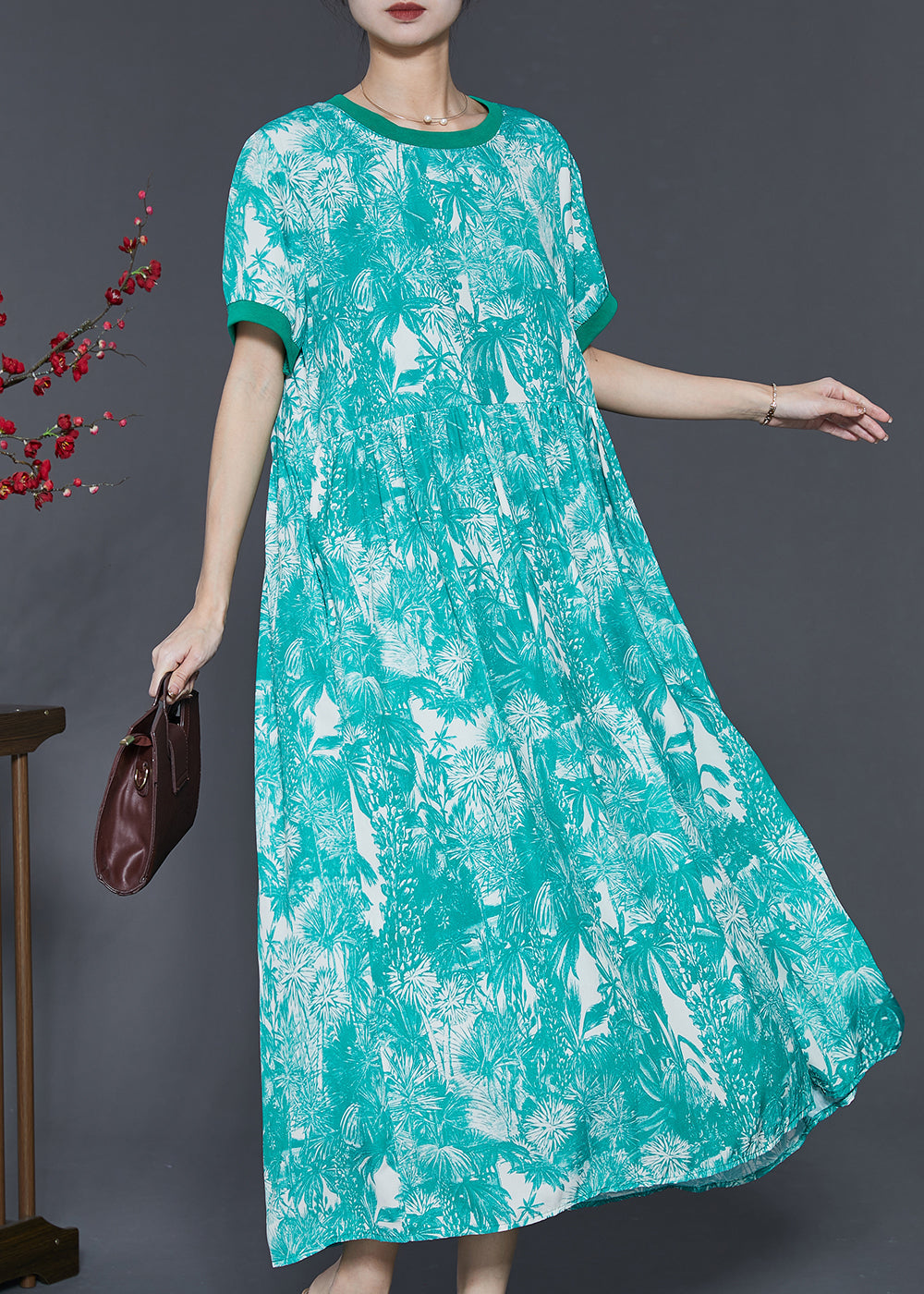 Art Green Print Exra Large Hem Chiffon Dress Summer SD1060 Ada Fashion